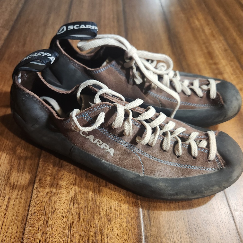 Scarpa Helix Climbing Shoes Brown Suede Lace Up Vibram Edge USm 7 USw 8